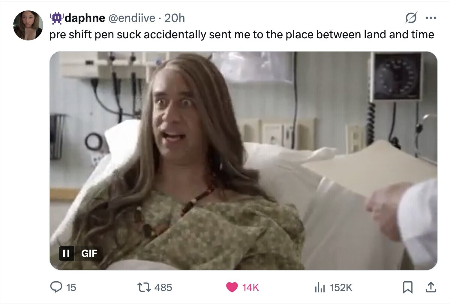 daphne @endiive 20h ... pre shift pen suck accidentally sent me to the place between land and time GIF 15 485 14K del 152K