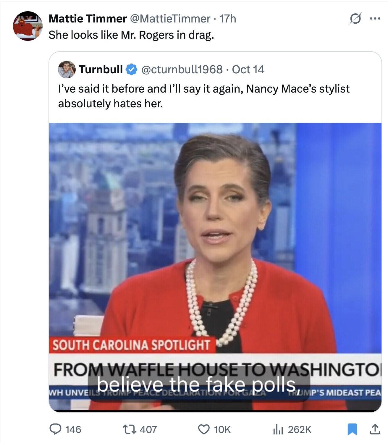 Mattie Timmer @MattieTimmer 17h s ... She looks like Mr. Rogers in drag. Turnbull @cturnbull1968 • Oct 14 I've said it before and I'll say it again, Nancy Mace's stylist absolutely hates her. SOUTH CAROLINA SPOTLIGHT FROM WAFFLE HOUSE TO WASHINGTOI WH UNVEILS TRUMP believe the fake polls TRUMP'S MIDEAST PEA 146 407 10K 262K 