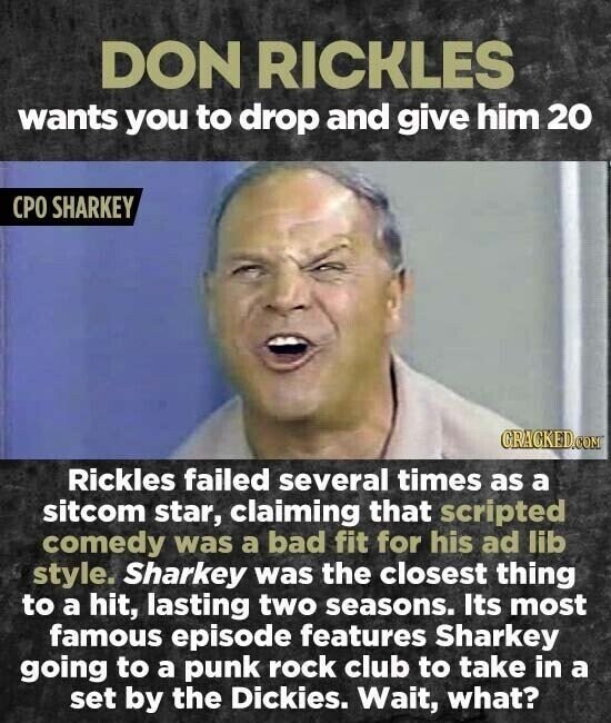 DON RICKLES wants you to drop and give him 20 СРО SHARKEY GRACKED.COM Rickles failed several times as a sitcom star, claiming that scripted comedy was a bad fit for his ad lib style. Sharkey was the closest thing to a hit, lasting two seasons. Its most famous episode features Sharkey going to a punk rock club to take in a set by the Dickies. Wait, what?