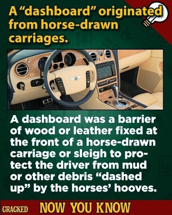 A dashboard originated from horse-drawn carriages. A dashboard was a barrier of wood or leather fixed at the front of a horse-drawn carriage or sleigh to pro- tect the driver from mud or other debris dashed up by the horses' hooves. CRACKED NOW YOU KNOW