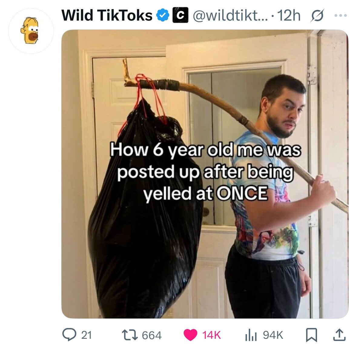 Wild TikToks с @wildtikt... . 12h s ... How 6 year old me was posted up after being yelled at ONCE 21 664 14K 94K 