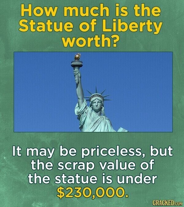 How much is the Statue of Liberty worth? It may be priceless, but the scrap value of the statue is under $230,000. CRACKED COM