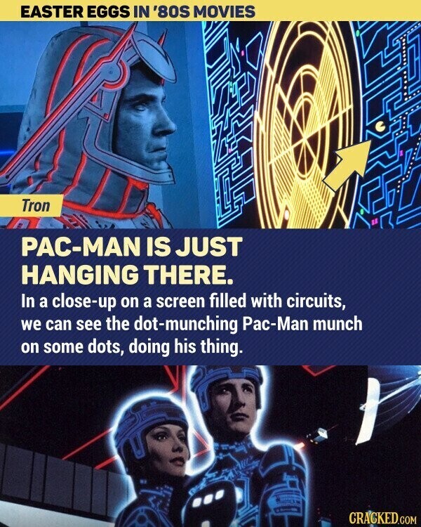 EASTER EGGS IN '80S MOVIES Tron PAC-MAN IS JUST HANGING THERE. In a close-up on a screen filled with circuits, we can see the dot-munching Pac-Man munch on some dots, doing his thing. CRACKED.COM