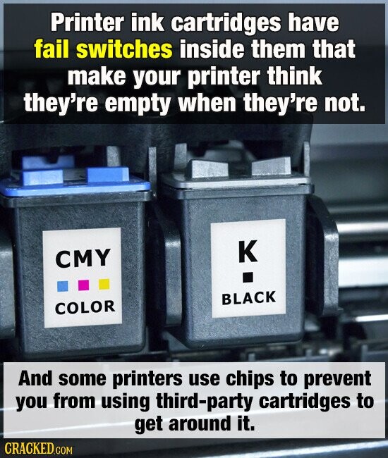Printer ink cartridges have fail switches inside them that make your printer think they're empty when they're not. к CMY BLACK COLOR And some printers use chips to prevent you from using third-party cartridges to get around it. CRACKED.COM