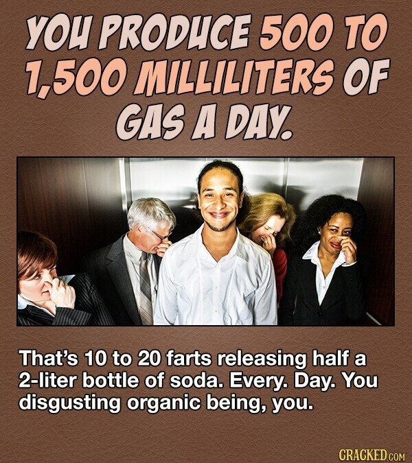 YOU PRODUCE 500 TO 1,500 MILLILITERS OF GAS A DAY. That's 10 to 20 farts releasing half a 2-liter bottle of soda. Every. Day. You disgusting organic being, you. CRACKED COM