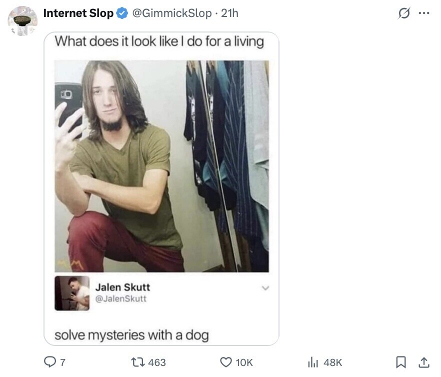 Internet Slop s... @GimmickSlop.21h What does it look like I do for a living Jalen Skutt @JalenSkutt solve mysteries with a dog 7 463 10K 48K 