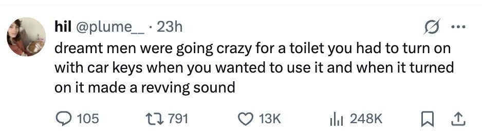 hil @plume_ . 2 23h ... dreamt men were going crazy for a toilet you had to turn on with car keys when you wanted to use it and when it turned on it made a revving sound 105 791 13K 248K