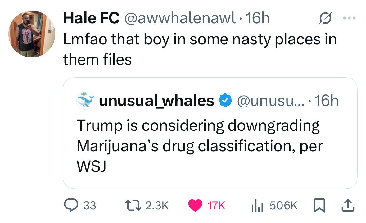 Hale FC @awwhalenawl.16h ... Lmfao that boy in some nasty places in them files unusual_whales @unusu... .16h Trump is considering downgrading Marijuana's drug classification, per WSJ 33 2.3K 17K 506K 