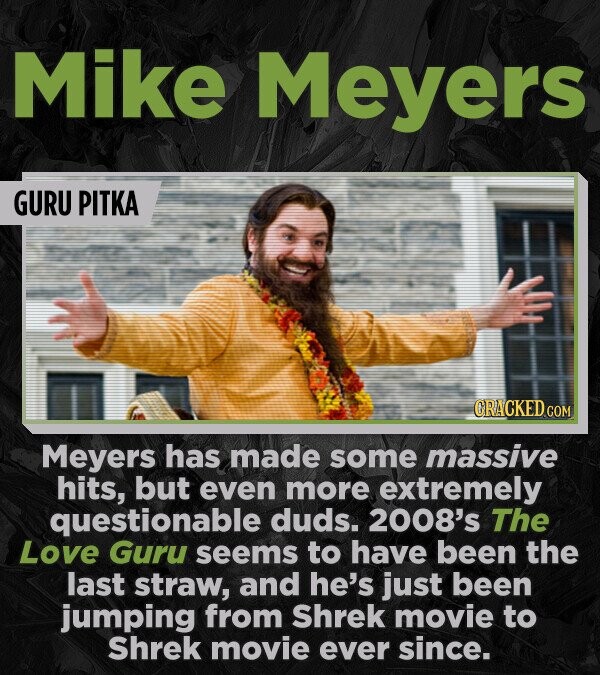 Mike Meyers GURU PITKA CRACKED.COM Meyers has made some massive hits, but even more extremely questionable duds. 2008's The Love Guru seems to have been the last straw, and he's just been jumping from Shrek movie to Shrek movie ever since.
