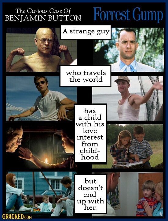 The Curious Case Of BENJAMIN BUTTON Forrest Gump A strange guy who travels the world has a child with his love interest from child- hood but doesn't end up with her. CRACKED.COM