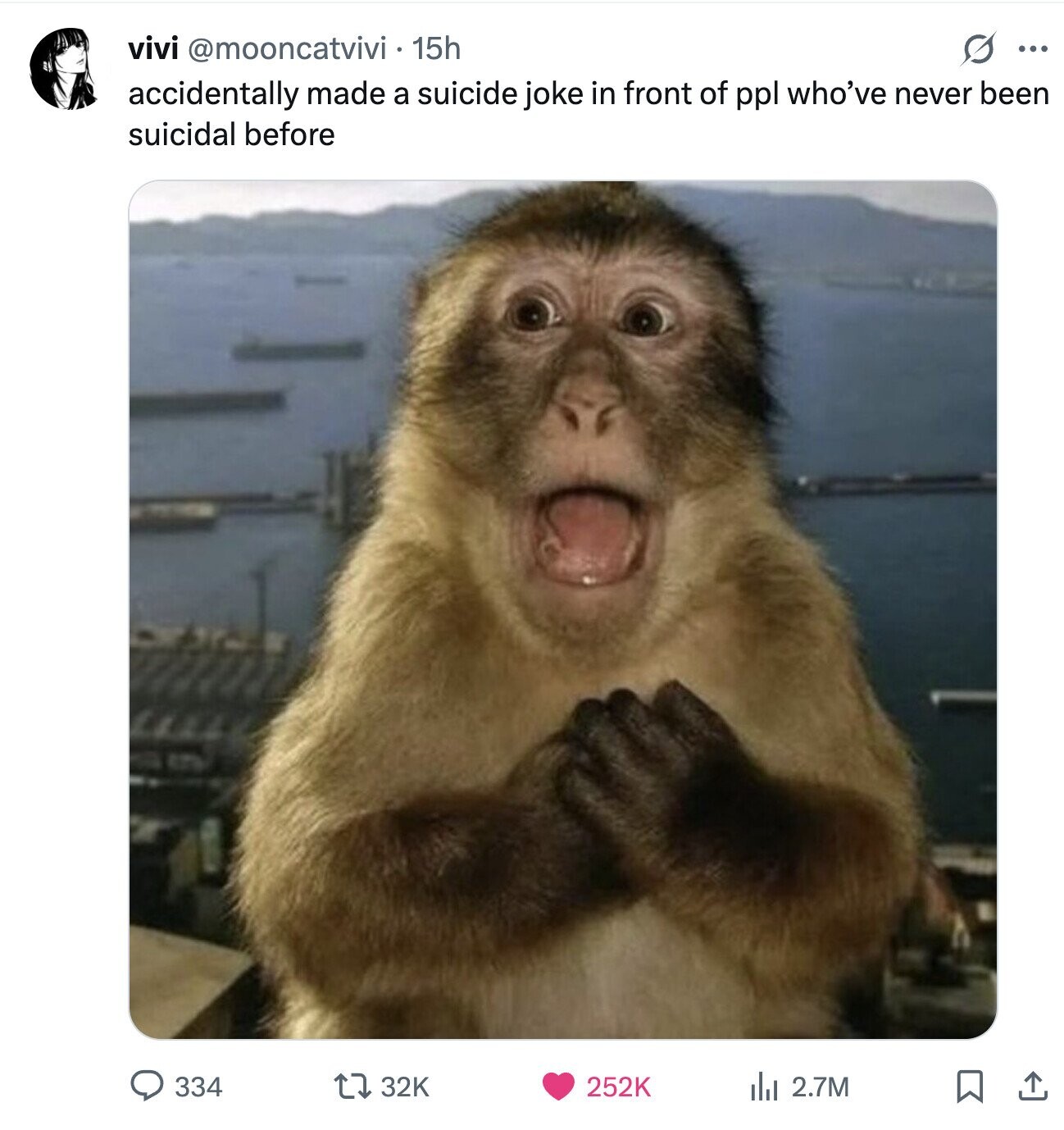 vivi @mooncatvivi - 15h s ... accidentally made a suicide joke in front of ppl who've never been suicidal before 334 32K 252K del 2.7M 