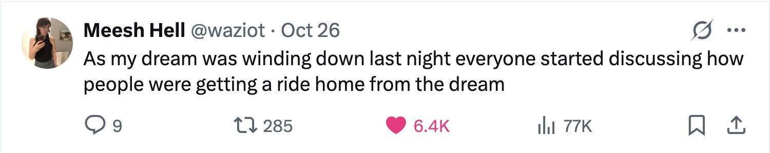 Meesh Hell @waziot. Oct 26 ... As my dream was winding down last night everyone started discussing how people were getting a ride home from the dream 9 285 6.4K del 77K