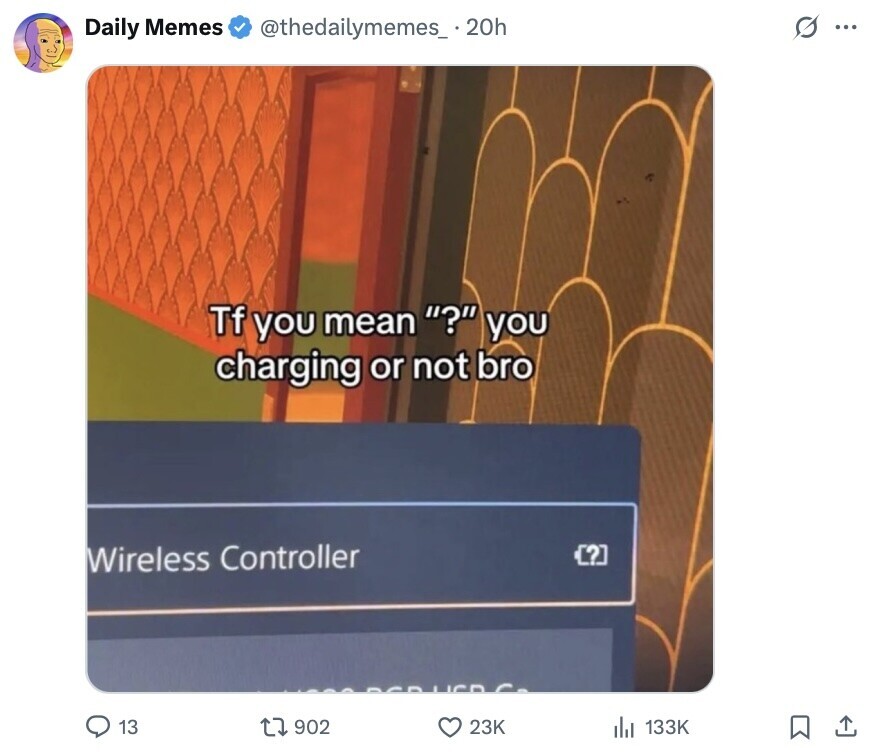 S ... Daily Memes @thedailymemes_.20h Tf you mean ? you charging or not bro Wireless Controller ? 13 902 23K 133K 