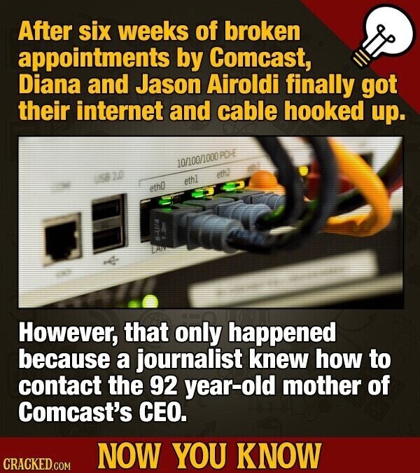 After six weeks of broken appointments by Comcast, Diana and Jason Airoldi finally got their internet and cable hooked up. 10/100/1000 PCH eth eth] eth0 1.2m 6-U/4 However, that only happened because a journalist knew how to contact the 92 year-old mother of Comcast's CEO. NOW YOU KNOW CRACKED.COM