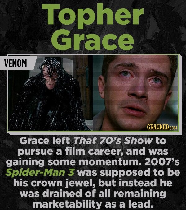 Topher Grace VENOM CRACKED.COM Grace left That 70's Show to pursue a film career, and was gaining some momentum. 2007's Spider-Man 3 was supposed to be his crown jewel, but instead he was drained of all remaining marketability as a lead.