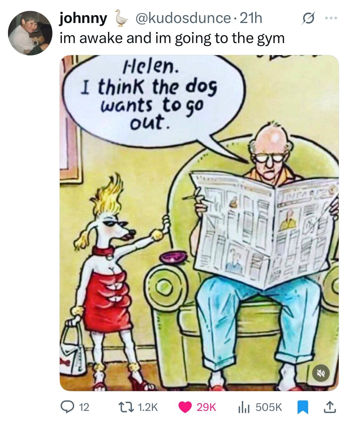 johnny @kudosdunce.21h G ... im awake and im going to the gym Helen. I think the dog wants to go out. 12 1.2K 29K 505K 