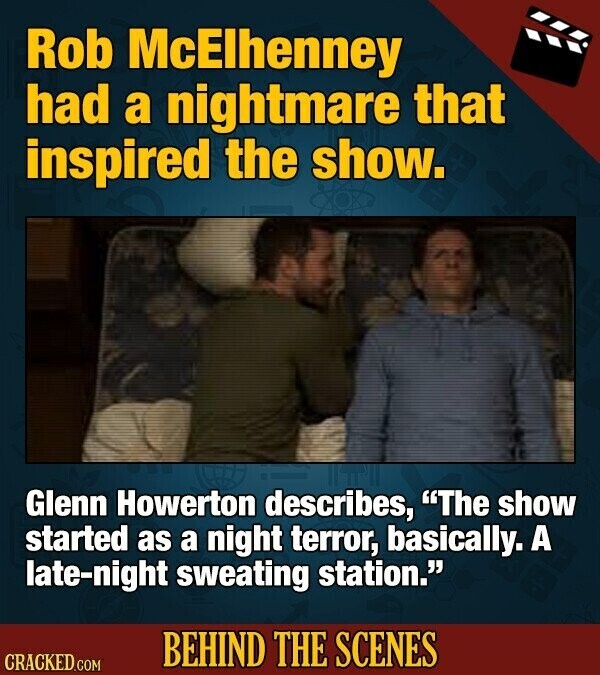 Rob McElhenney had a nightmare that inspired the show. Glenn Howerton describes, The show started as a night terror, basically. A late-night sweating station. BEHIND THE SCENES CRACKED.COM
