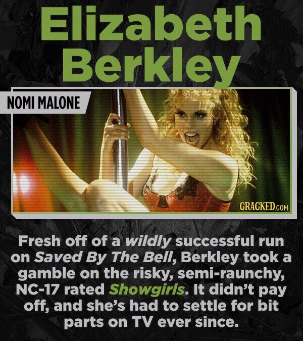 Elizabeth Berkley NOMI MALONE CRACKED.COM Fresh off of a wildly successful run on Saved By The Bell, Berkley took a gamble on the risky, semi-raunchy, NC-17 rated Showgirls. It didn't pay off, and she's had to settle for bit parts on TV ever since.