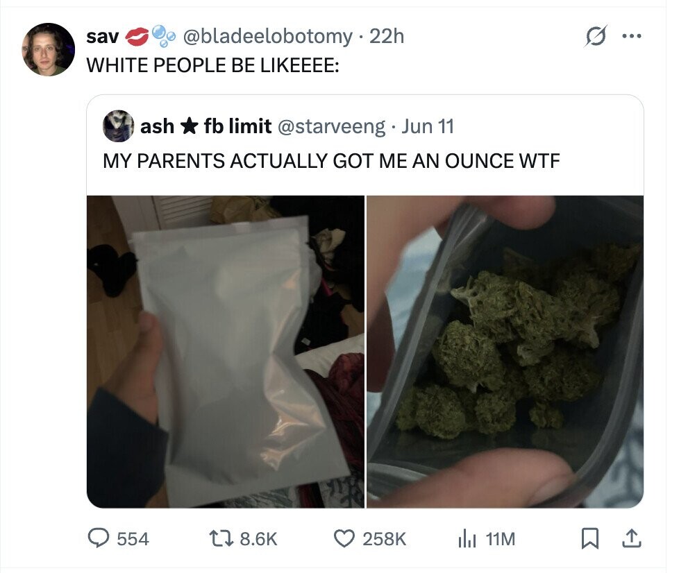 sav @bladeelobotomy - 22h G ... WHITE PEOPLE BE LIKEEEE: ash fb limit @starveeng Jun 11 MY PARENTS ACTUALLY GOT ME AN OUNCE WTF 554 8.6K 258K del 11M