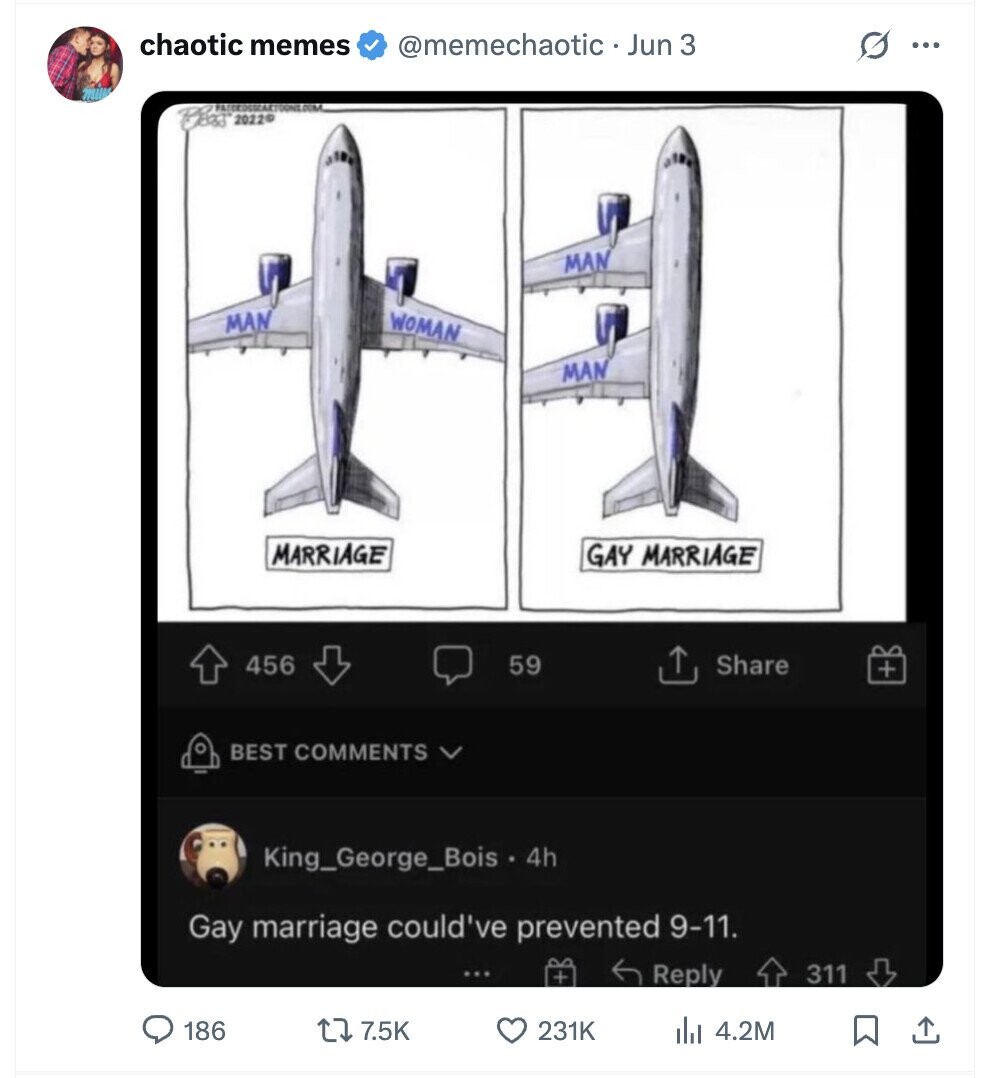 chaotic memes @memechaotic . Jun 3 G ... TEST 2022 MAN WOMAN MAN MAN MARRIAGE GAY MARRIAGE 456 59 Share + BEST COMMENTS King_George_Bois . 4h Gay marriage could've prevented 9-11. + Reply 311 186 7.5K 231K 4.2M