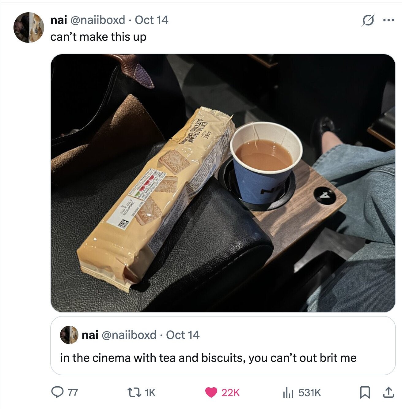 nai @naiiboxd Oct 14 s ... can't make this up CUSTARD CHEAMS -000g- EXTRA CREAM M&S frode a I 99 S as that a من Z A ELO 2 NONE 2020 5237 BEST BEFORE nai @naiiboxd Oct 14 in the cinema with tea and biscuits, you can't out brit me 77 1K 531K 22K 