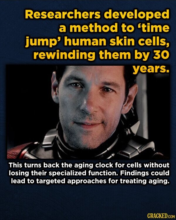 Researchers developed a method to 'time jump' human skin cells, rewinding them by 30 years. This turns back the aging clock for cells without losing their specialized function. Findings could lead to targeted approaches for treating aging. CRACKED.COM