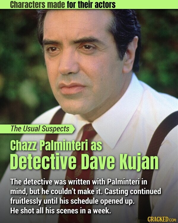 Characters made for their actors The Usual Suspects Chazz Palminteri as Detective Dave Kujan The detective was written with Palminteri in mind, but he couldn't make it. Casting continued fruitlessly until his schedule opened up. Не shot all his scenes in a week. CRACKED.COM