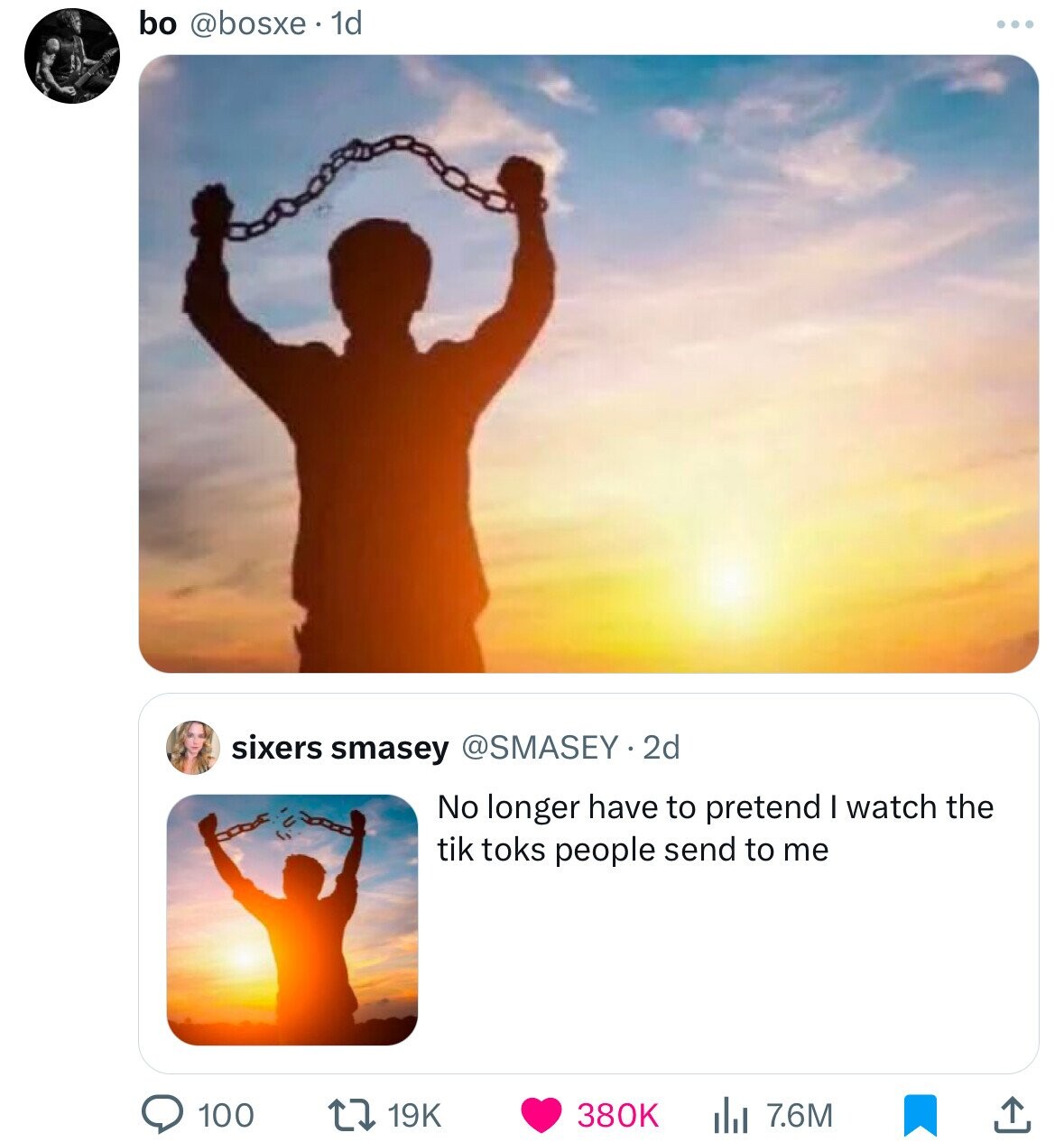 bo @bosxe 1d ... sixers smasey @SMASEY. 2d No longer have to pretend I watch the tik toks people send to me 380K 7.6M 100 19K