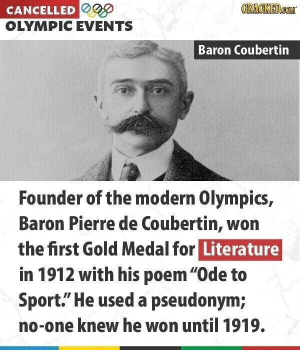 GRACKED.COM CANCELLED OLYMPIC EVENTS Baron Coubertin Founder of the modern Olympics, Baron Pierre de Coubertin, won the first Gold Medal for Literature in 1912 with his poem Ode to Sport. Не used a pseudonym; no-one knew he won until 1919.