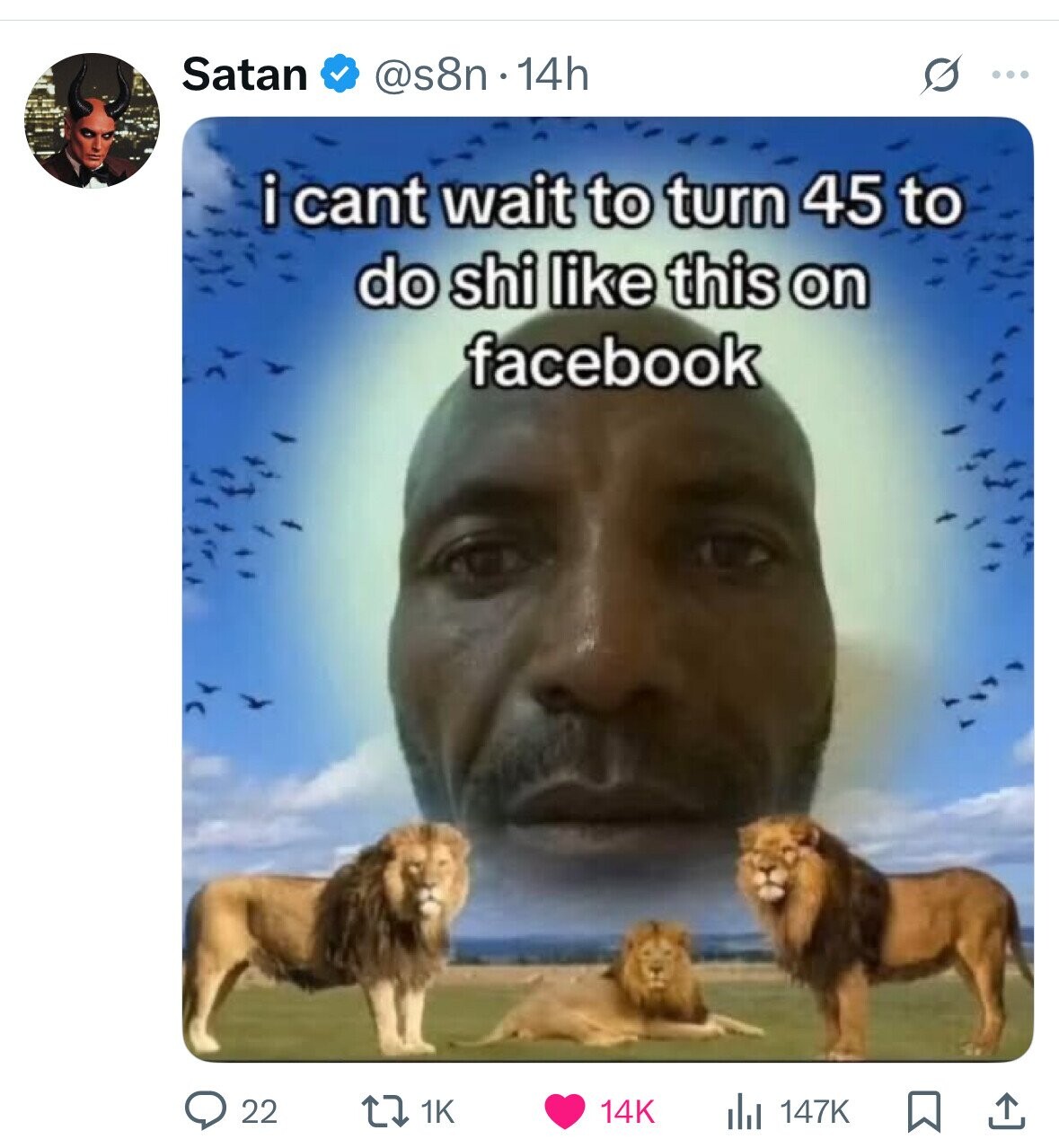 Satan @s8n 14h ... i i cant wait to turn 45 to do shi like this on facebook 22 1K 14K 147K 