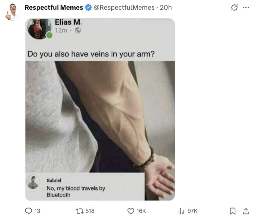 G ... Respectful Memes @RespectfulMemes . 20h Elias M. 12m Do you also have veins in your arm? Gabriel No, my blood travels by Bluetooth 13 518 16K 97K 