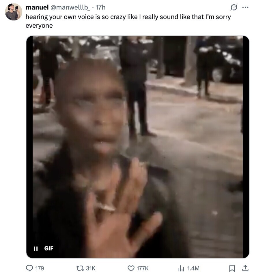 manuel @manwelllb_ 17h s ... hearing your own voice is so crazy like I really sound like that I'm sorry everyone II GIF 179 31K 177K , 1.4M 