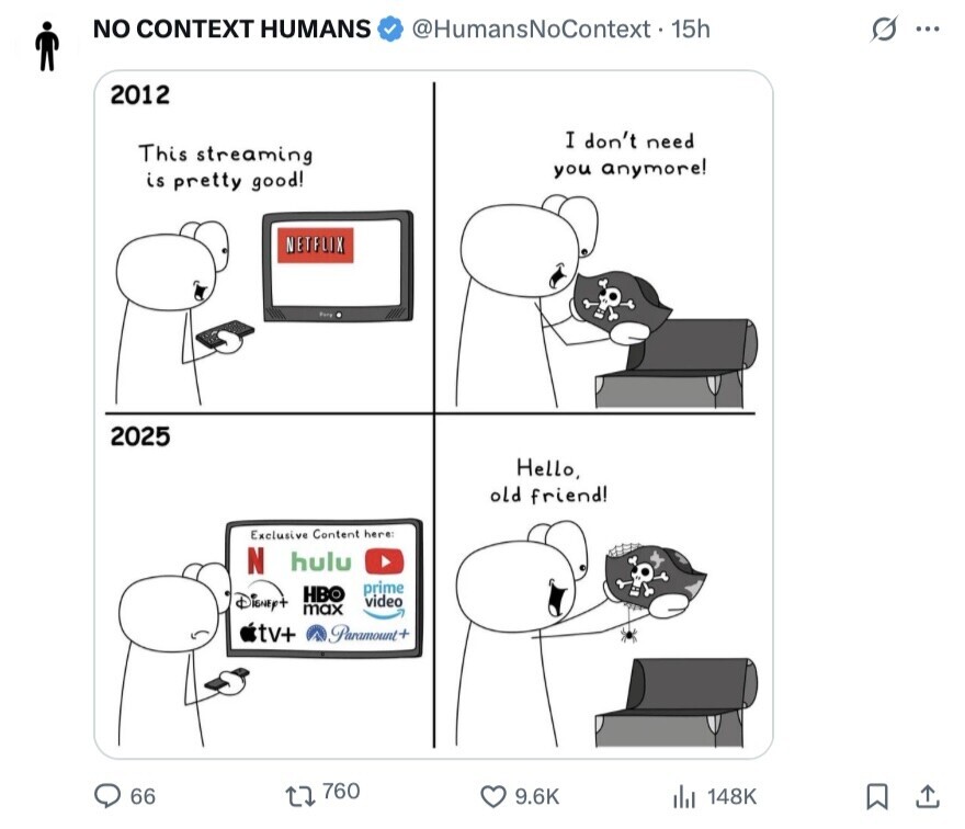 NO CONTEXT HUMANS @HumansNoContext. 15h S ... 2012 I don't need This streaming you anymore! is pretty good! NETFLIX Para 2025 Hello, old friend! Exclusive Content here N hulu prime HBO Disney+ video max tv+ Paramount+ 760 66 9.6K 148K 