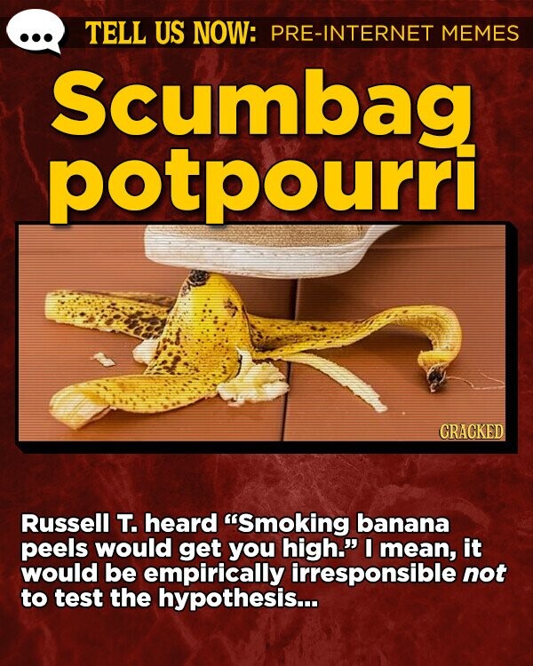 TELL US NOW: PRE-INTERNET MEMES Scumbag potpourri GRACKED Russell T. heard Smoking banana peels would get you high. I mean, it would be empirically irresponsible not to test the hypothesis...