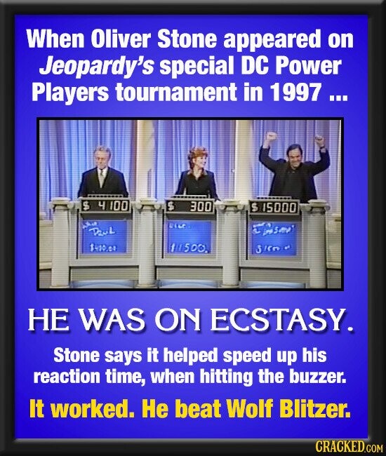 When Oliver Stone appeared on Jeopardy's special DC Power Players tournament in 1997 ... ... $ 4 100 $ 300 $ 15000 جدال عيانا الكمر Daul ي ins Some $400.00 11500. 3kr en НЕ WAS ON ECSTASY. Stone says it helped speed up his reaction time, when hitting the buzzer. It worked. Не beat Wolf Blitzer. CRACKED.COM