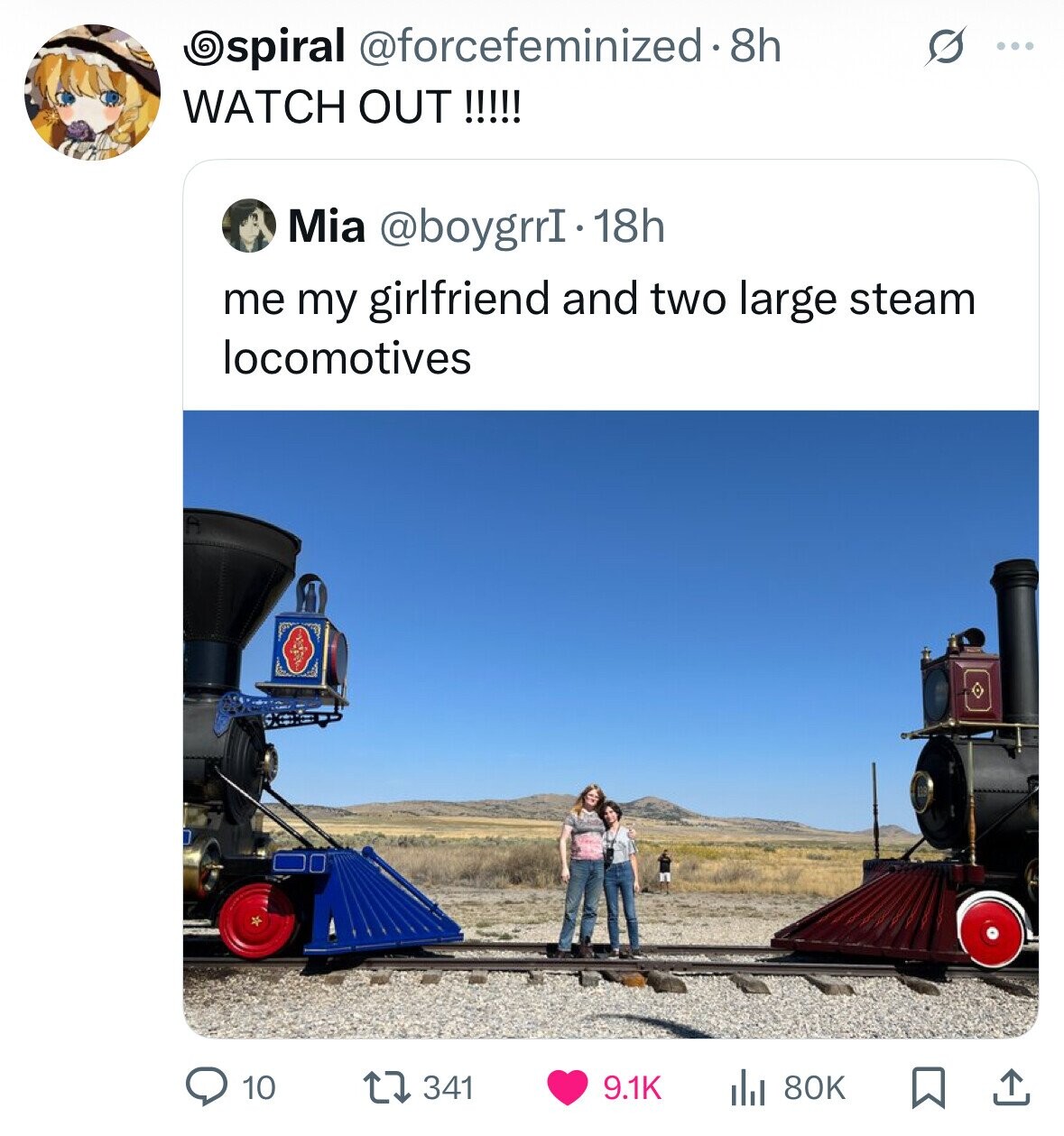 Ospiral @forcefeminized.8h S ... WATCH OUT !!!!! Mia @boygrrI.1 18h me my girlfriend and two large steam locomotives 10 341 9.1K 80K 