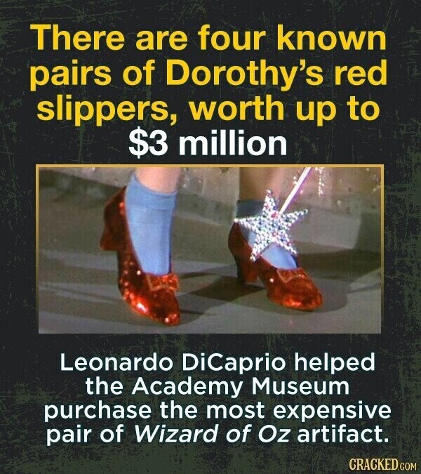 There are four known pairs of Dorothy's red slippers, worth up to $3 million Leonardo DiCaprio helped the Academy Museum purchase the most expensive pair of Wizard of Oz artifact. CRACKED.COM