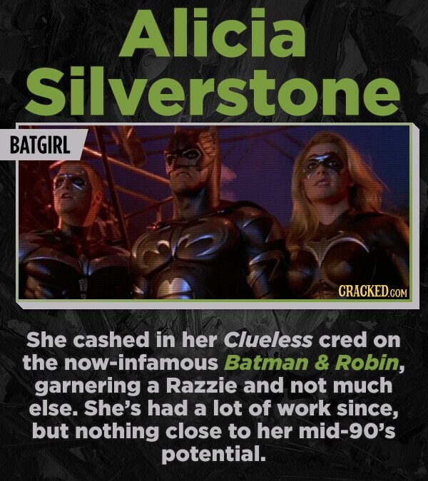 Alicia Silverstone BATGIRL CRACKED.COM She cashed in her Clueless cred on the now-infamous Batman & Robin, garnering a Razzie and not much else. She's had a lot of work since, but nothing close to her mid-90's potential.