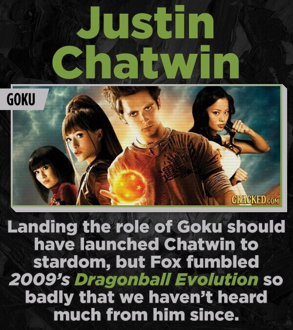 Justin Chatwin GOKU CRACKED.COM Landing the role of Goku should have launched Chatwin to stardom, but Fox fumbled 2009's Dragonball Evolution so badly that we haven't heard much from him since.