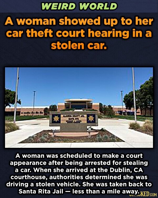 WEIRD WORLD A woman showed up to her car theft court hearing in a stolen car. A woman was scheduled to make a court appearance after being arrested for stealing a car. When she arrived at the Dublin, CA courthouse, authorities determined she was driving a stolen Jail - less vehicle. She was taken back to Santa Rita than mile a