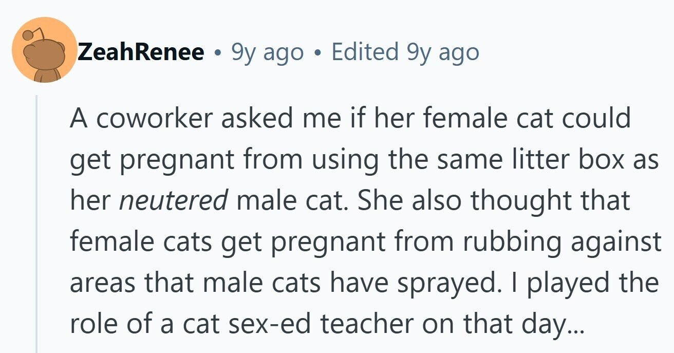 ZeahRenee . 9y ago Edited 9y ago A coworker asked me if her female cat could get pregnant from using the same litter box as her neutered male cat. She also thought that female cats get pregnant from rubbing against areas that male cats have sprayed. I played the role of a cat sex-ed teacher on that day...