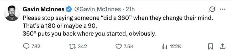 Gavin Mclnnes @Gavin_McInnes . 21h ... Please stop saying someone did a 360 when they change their mind. That's a 180 or maybe a 90. 360° puts you back where you started, obviously. 782 342 7.5K 122K 