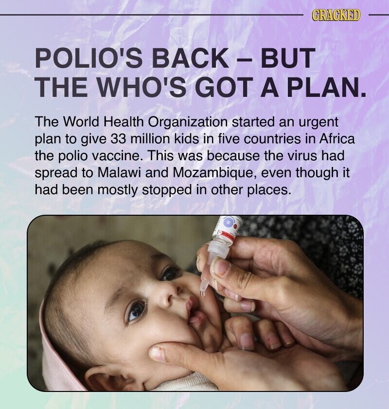 CRACKED POLIO'S BACK-BUT THE WHO'S GOT A PLAN. The World Health Organization started an urgent plan to give 33 million kids in five countries in Africa the polio vaccine. This was because the virus had spread to Malawi and Mozambique, even though it had been mostly stopped in other places.