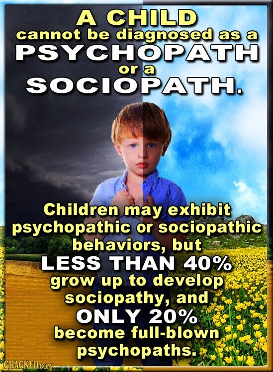 A CHILD cannot be diagnosed as a PSYCHOPATH or a SOCIOPATH. Children may exhibit psychopathic or sociopathic behaviors, but LESS THAN 40% grow up to develop sociopathy, and ONLY 20% become full-blown psychopaths. GRACKED COM