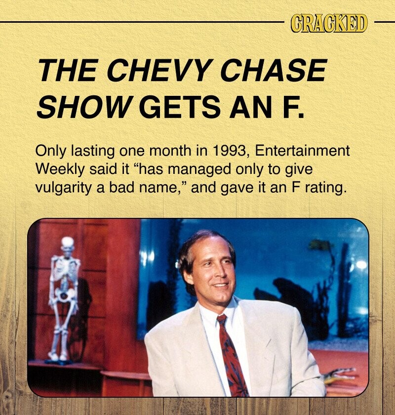 CRACKED THE CHEVY CHASE SHOW GETS AN F. Only lasting one month in 1993, Entertainment Weekly said it has managed only to give vulgarity a bad name, and gave it an F rating.