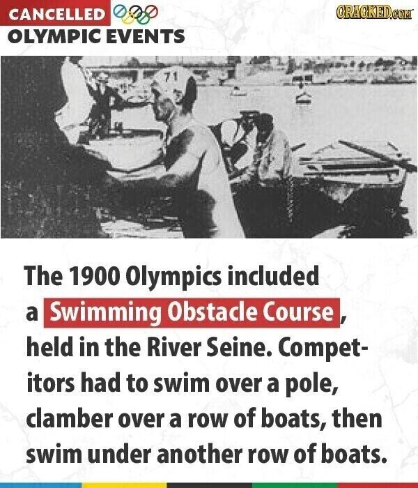 GRACKED.COM CANCELLED OLYMPIC EVENTS 71 The 1900 Olympics included a Swimming Obstacle Course held in the River Seine. Compet- itors had to swim over a pole, clamber over a row of boats, then swim under another row of boats.