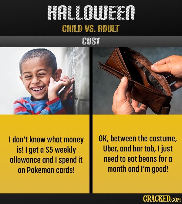 HALLOWEEN CHILD VS. ADULT COST I don't know what money OK, between the costume, is! I get a $5 weekly Uber, and bar tab, I just allowance and I spend it need to eat beans for a on Pokemon cards! month and I'm good! CRACKED.COM 