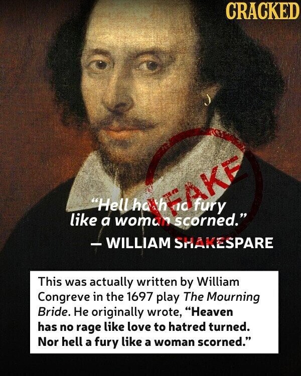 CRACKED like Hell a FAKE woman scorned. fury - WILLIAM SHAKESPARE This was actually written by William Congreve in the 1697 play The Mourning Bride. Не originally wrote, Heaven has no rage like love to hatred turned. Nor hell a fury like a woman scorned.