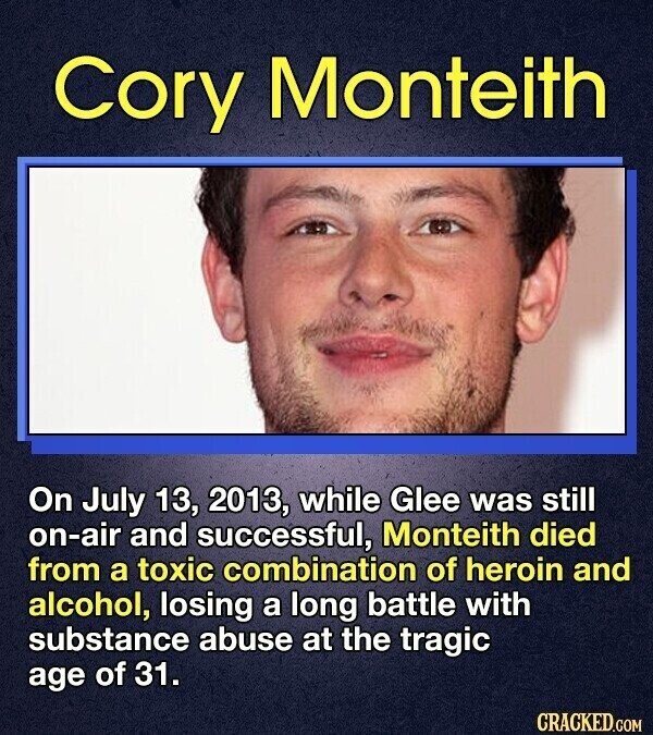Cory Monteith On July 13, 2013, while Glee was still on-air and successful, Monteith died from a toxic combination of heroin and alcohol, losing a long battle with substance abuse at the tragic age of 31. CRACKED.COM