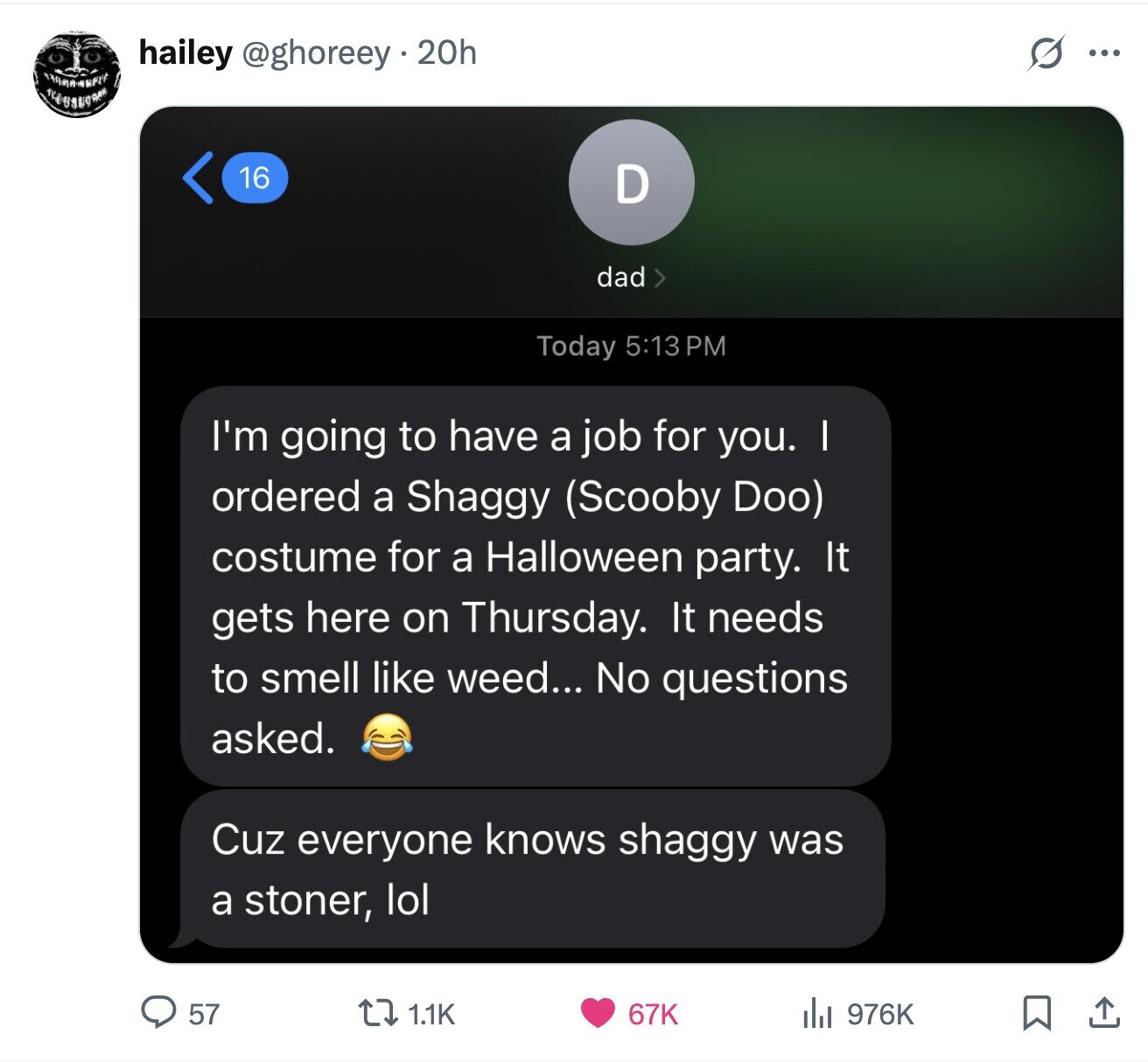 hailey @ghoreey.20h s ... 16 D dad d > Today 5:13 PM I'm going to have a job for you. I ordered a Shaggy (Scooby Doo) costume for a Halloween party. It gets here on Thursday. It needs to smell like weed... No questions asked. Cuz everyone knows shaggy was a stoner, lol 57 1.1K 67K del 976K 